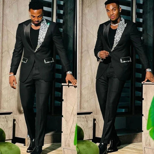 Slim Fit Suit Single Breasted Peak Lapel Blazer High Quality Crystal Prom Party 2 Piece Jacket & Pants for Men