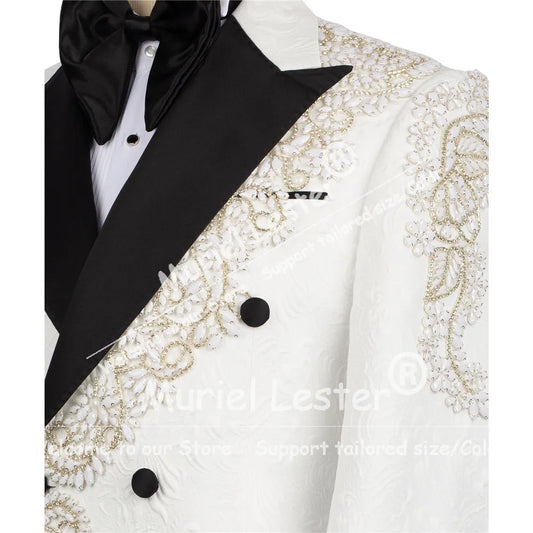 Elegant Suits Men Black Label Jacquard Jacket Pants 2 Piece Sets High-End Customized Beaded Stones Groom Wedding Tuxedos Attire