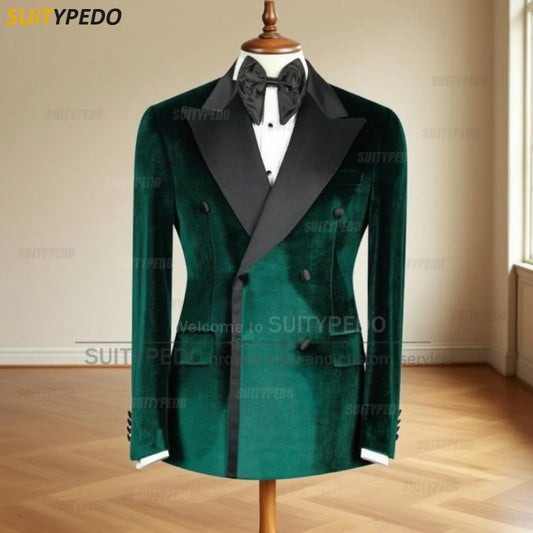 Elegant Velet Peak Lapel Blazers for Men Fashion Brief Double Breasted Office Work Suit Tuxedo Coat 1 Piece Formal Evening Gown