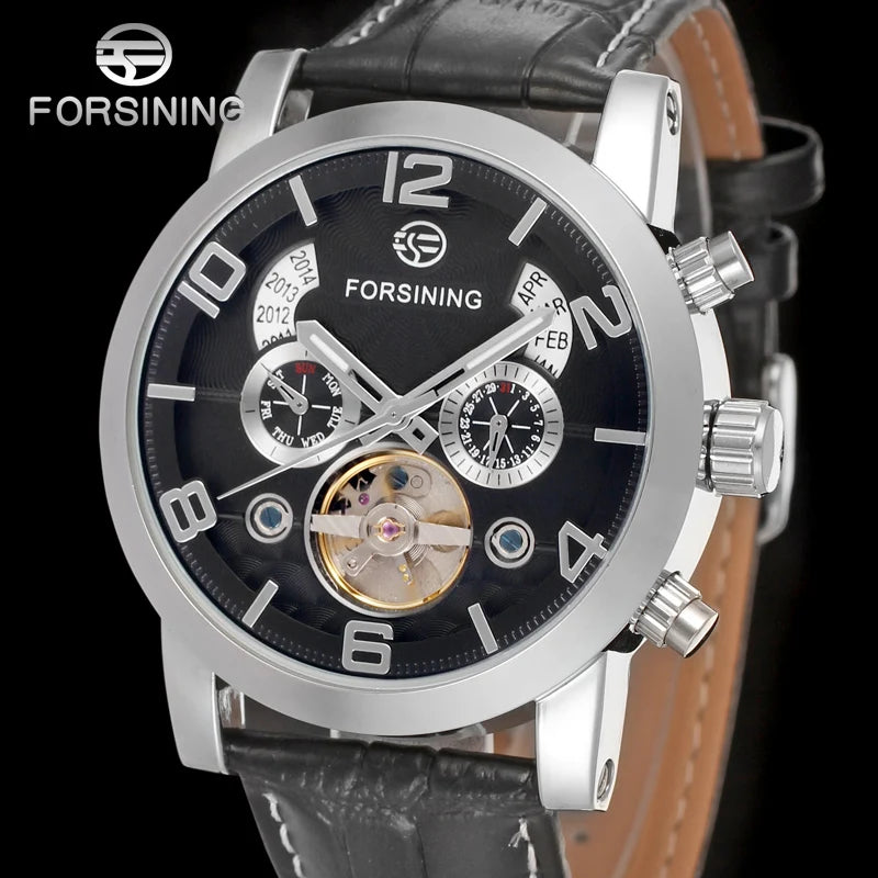 FORSINING 165 Friendship New Mens Mechanical Watch Best Genuine Leather Band Big Numbers Date Display Tourbillion Auto Watch