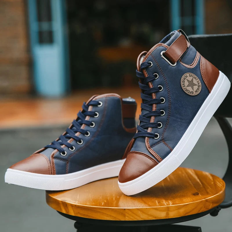 Wholesale  Fashion Trendy High Top Casual Sport Shoes Leather Boots Comfort Breathable Men's Canvas Sneakers