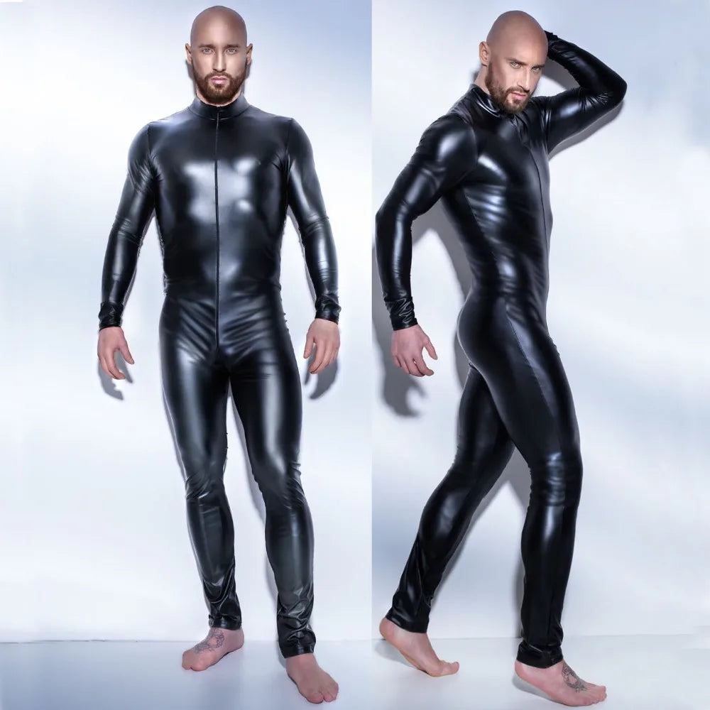 Men's Faux Leather Bodysuit - Long Sleeve Spandex Catsuit
