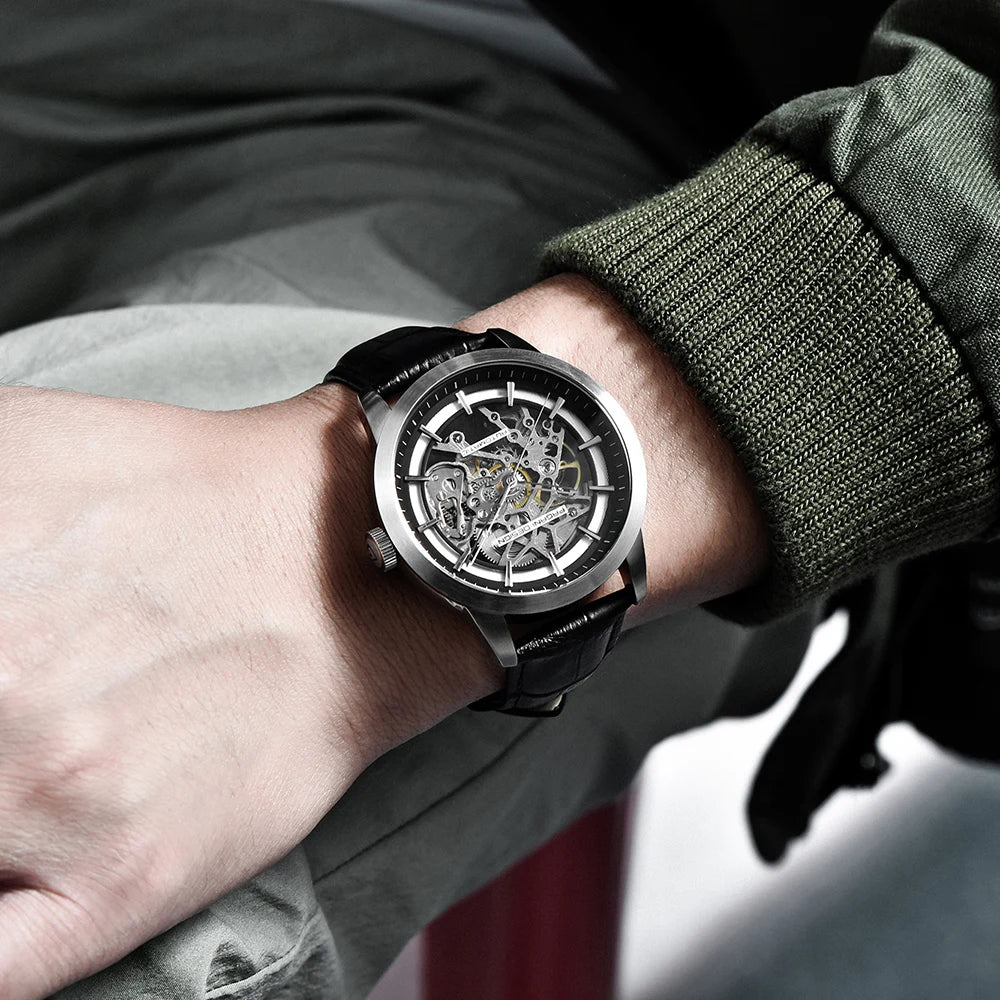 Pagani Design 1638 Mens Mechanical Watch Genuine Leather Strap Waterproof Skeleton Luxury Watch Relojes Hombre
