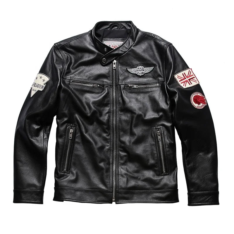 Wholesale Fashion Personalized 100% Pure Cowhide Coat Mens Black Colour Motorcycle Genuine Leather Jacket