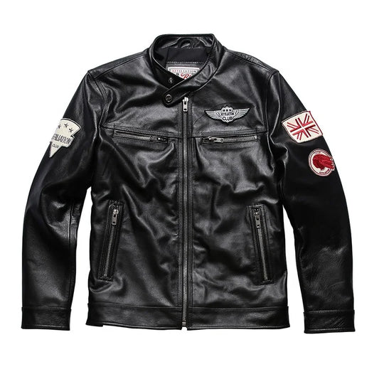 Wholesale Fashion Personalized 100% Pure Cowhide Coat Mens Black Colour Motorcycle Genuine Leather Jacket