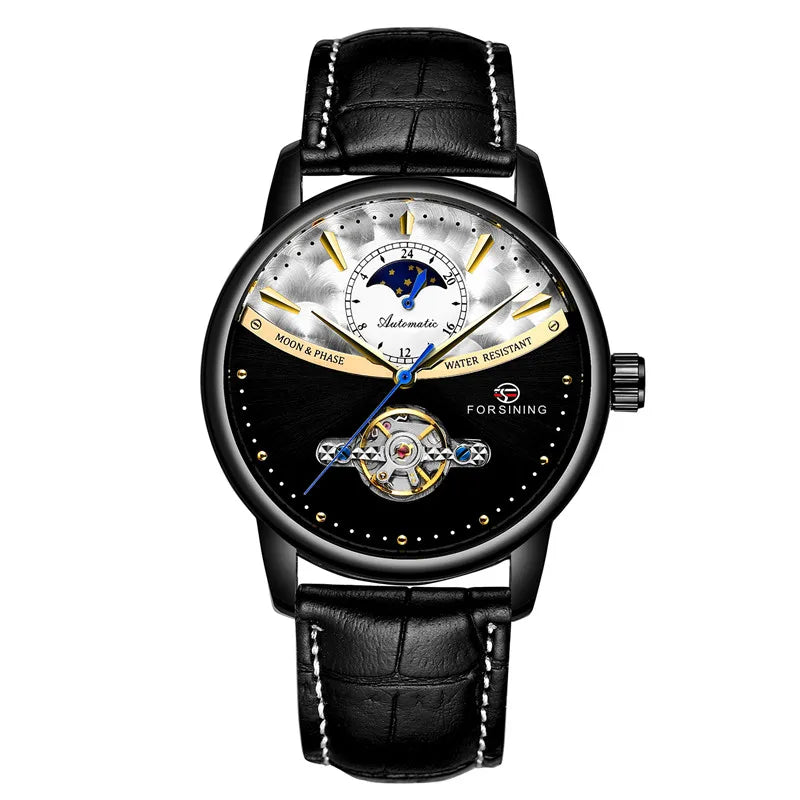 Forsining 8179 Classic Blue Moon Phase Mechanical Watches Automatic Tourbillon Men's Genuine Leather Watch Relogio Masculino