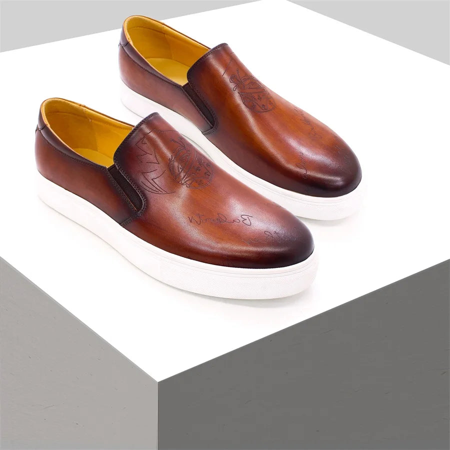 2022 New Trendy Handmade Italian Men Slip on Casual Dress Shoes Genuine Leather Laser Print Pattern Flat Comfortable Shoes
