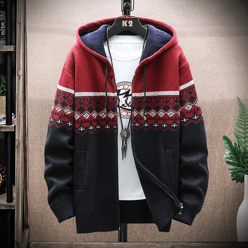 Men's Plaid Hooded Cardigan Sweater Jacket