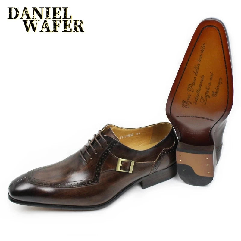 Customized Italian Style Men's Dress Genuine Leather Shoes Luxury Men  Monk Strap Lace-up Business Office Leather Wedding Shoes