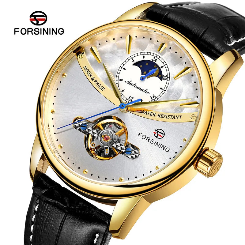Forsining 8179 Classic Blue Moon Phase Mechanical Watches Automatic Tourbillon Men's Genuine Leather Watch Relogio Masculino