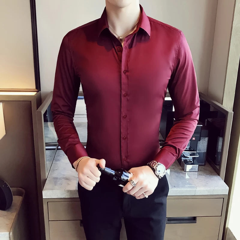 2026 New Men's Formal Dress Shirt,White Black Blue Long Sleeve Shirts, Business Slim Fit Camisa Male Chemise Red Purple