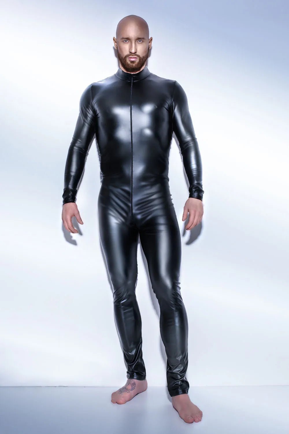 Men's Faux Leather Bodysuit - Long Sleeve Spandex Catsuit
