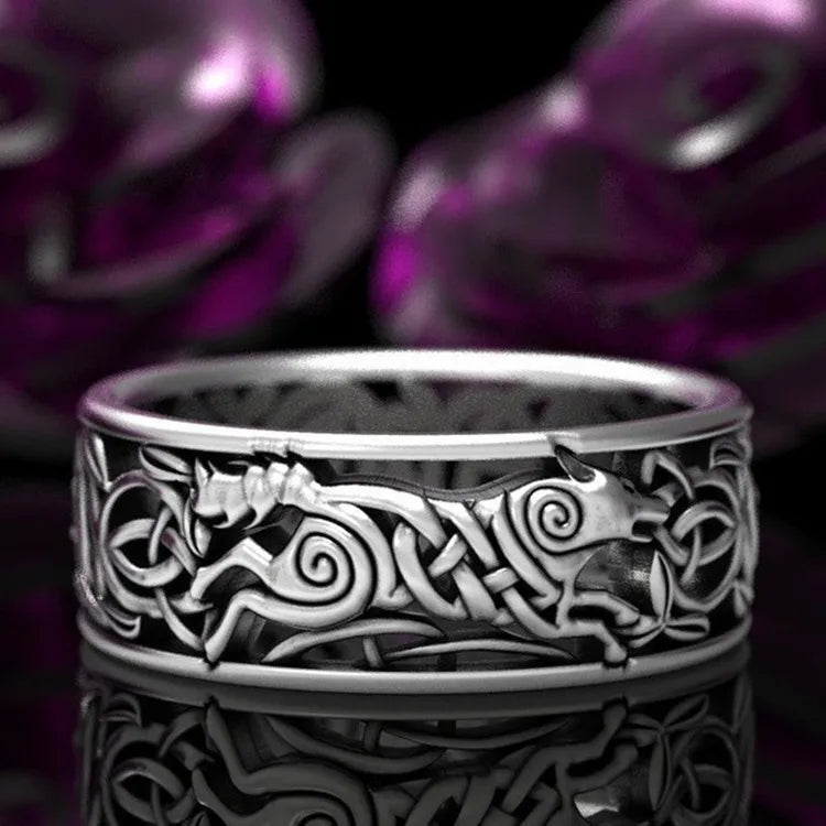 Huitan Viking Wolf Ring - Nordic Mythology Totem Jewelry for Men