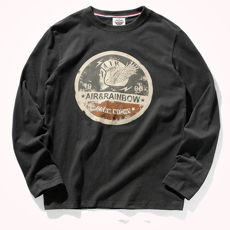 Men's Long Sleeve T-Shirt Spring and Autumn Pure Cotton Washed Distressed Brushed Trendy Tops