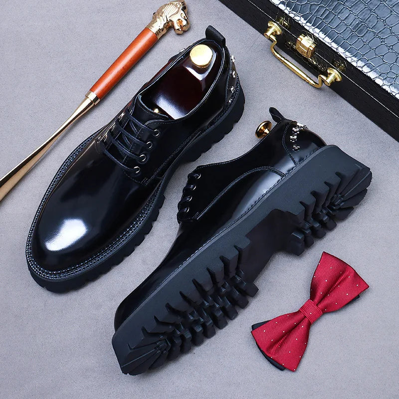 New Style 2025 Outdoor Walking Breathable Patent Genuine Leather Dress Shoes Men's Platform Handmade Wedding Party Shoes