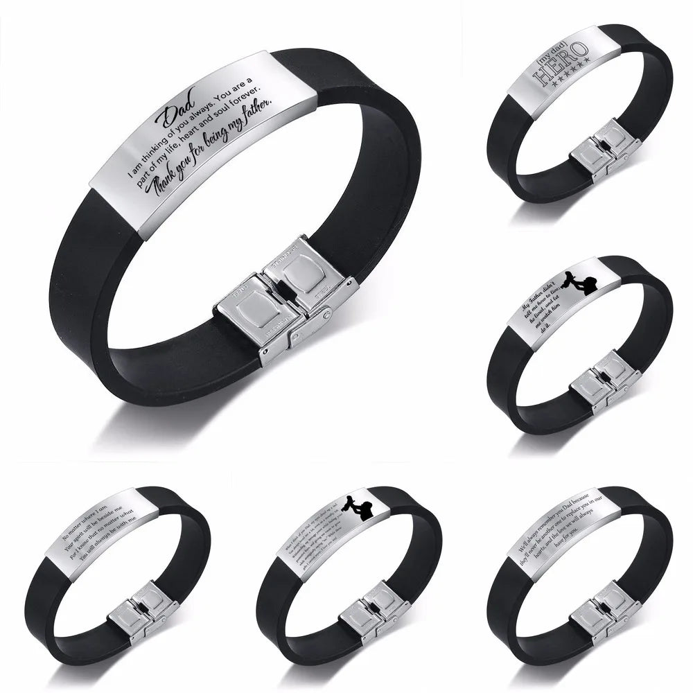 Vnox Fathers Day Gift For Dad Silicone Bracelet For Men Adjustable Stainless Steel ID Bar - Custom Engraving