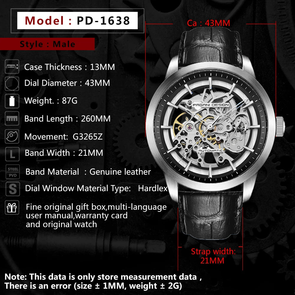 Pagani Design 1638 Mens Mechanical Watch Genuine Leather Strap Waterproof Skeleton Luxury Watch Relojes Hombre