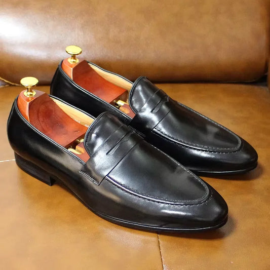 2025 Men's Genuine Leather Dress Shoes Black and Brown Loafer Slip-On with Pointed Toe Casual Formal Style for Holiday Party