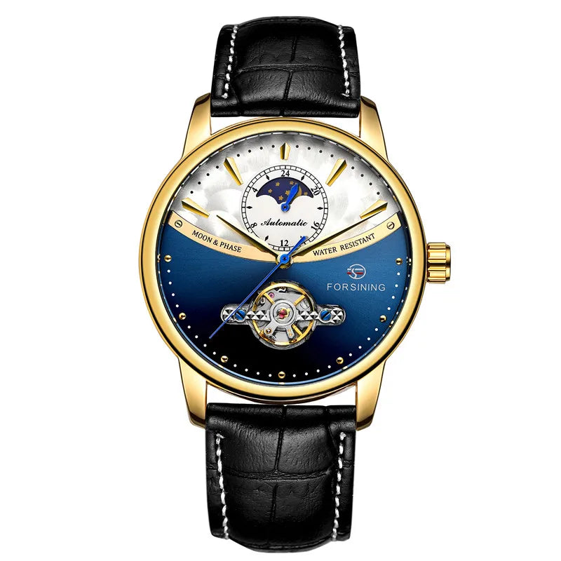 Forsining 8179 Classic Blue Moon Phase Mechanical Watches Automatic Tourbillon Men's Genuine Leather Watch Relogio Masculino