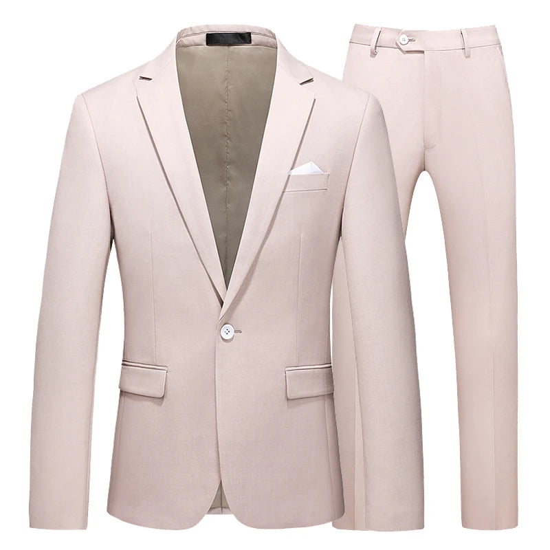Men's Suit Jacket with Pants Slim Fit Formal Clothing Business Work Wedding Tuxedo Set - White Pink Red Suits