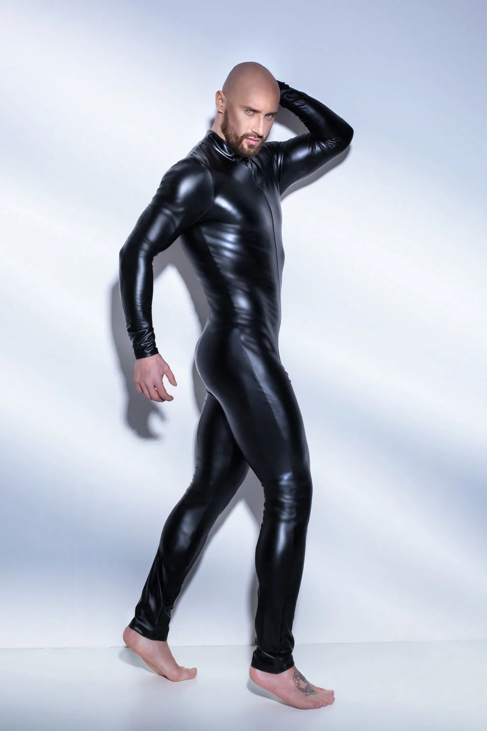 Men's Faux Leather Bodysuit - Long Sleeve Spandex Catsuit