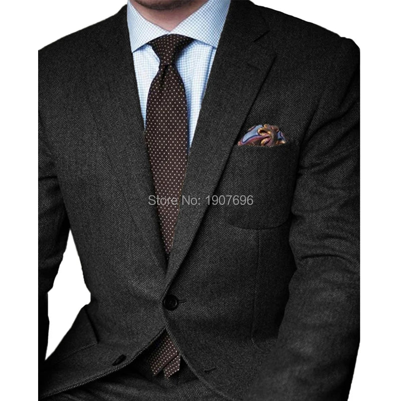 Brown Herringbone Tweed Casual Men Suits for Winter 2 Piece Wedding Groomsmen Tuxedo Male Suit Jacket with Pants New Fashion