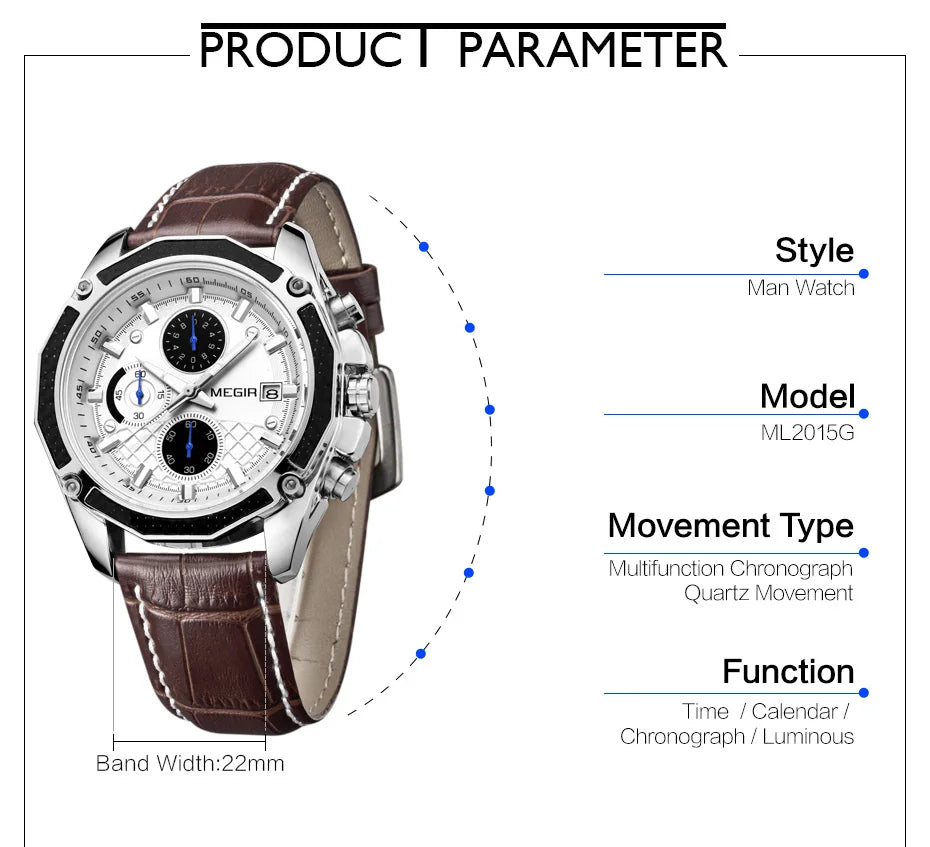 MEGIR 2015 Fashion Gentlemen Quartz Movement Watch Manufacturer Genuine Leather Water Resistant Man Wristwatch Business Watch