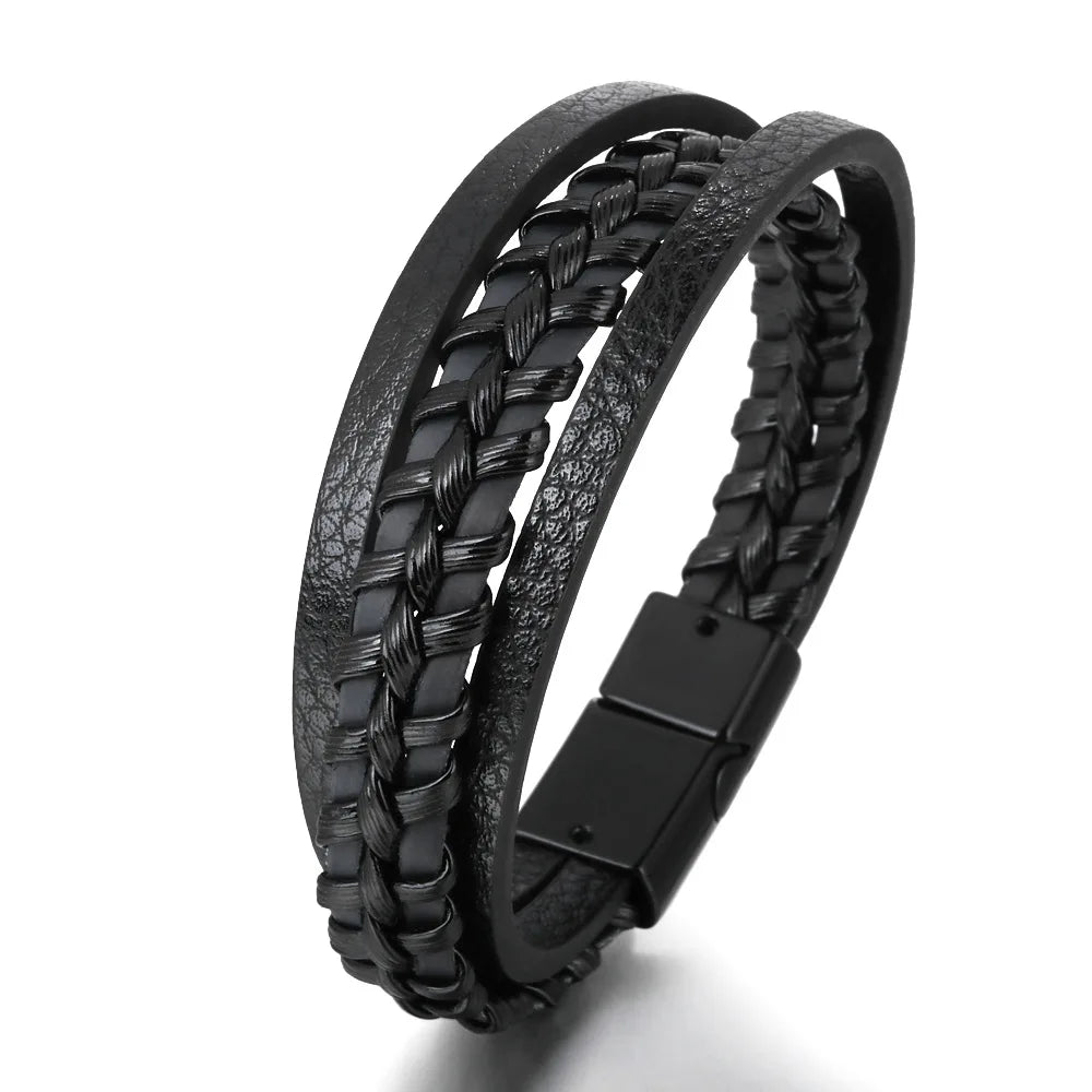 Trendy Genuine Leather Bracelets Men Stainless Steel Multilayer Braided Rope Bracelets for Male Female Bracelets Jewelry for Man