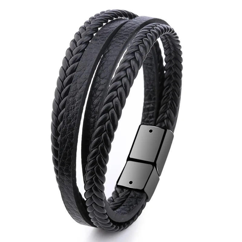 Trendy Genuine Leather Bracelets Men Stainless Steel Multilayer Braided Rope Bracelets for Male Female Bracelets Jewelry for Man