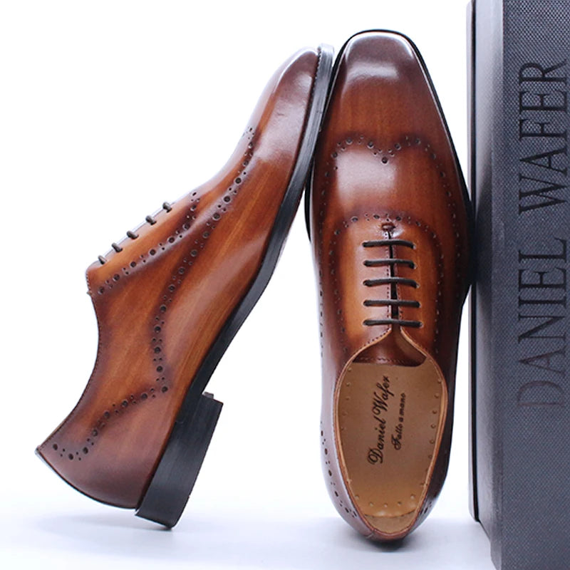 2025 New Luxury Brogue Genuine Leather Dress Shoes for Men Lace-Up Brown Wedding Party Men Office Oxford Shoes for Men