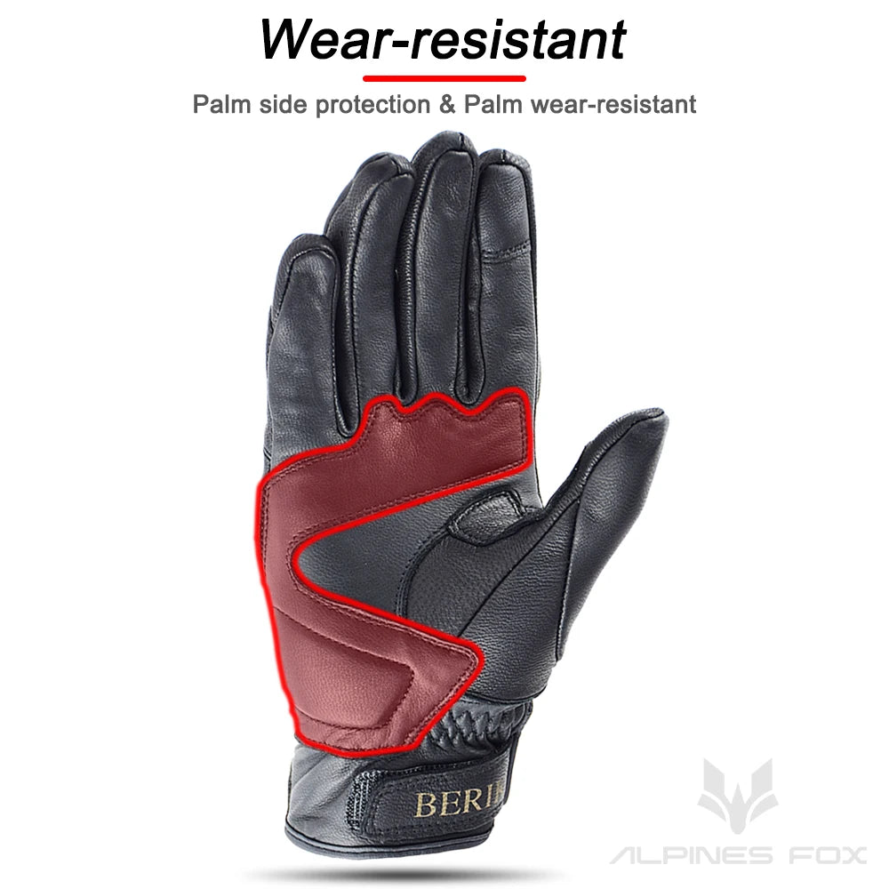 BERIK Vintage Motorcycle Gloves Men Black Full Finger Genuine Leather Motocross Biker Guantes Touch Screen Moto Cycling Gloves