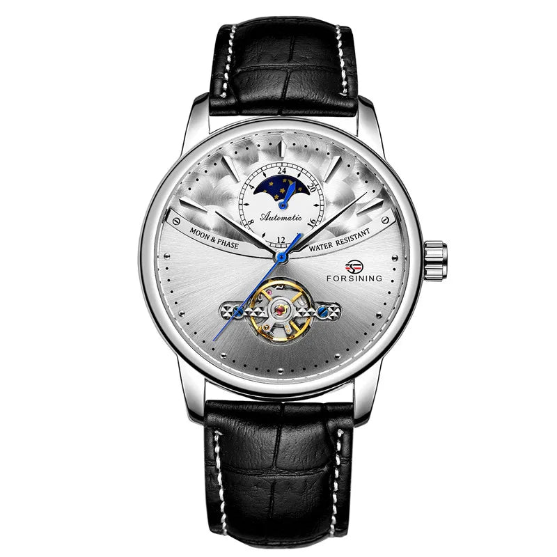 Forsining 8179 Classic Blue Moon Phase Mechanical Watches Automatic Tourbillon Men's Genuine Leather Watch Relogio Masculino