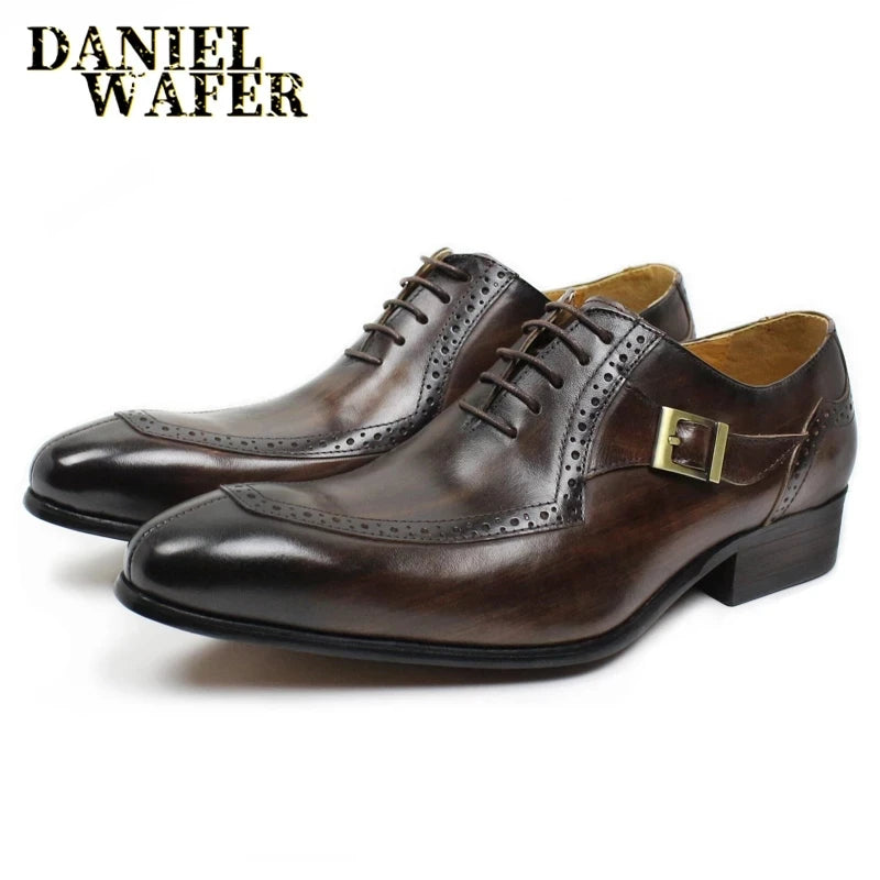 Customized Italian Style Men's Dress Genuine Leather Shoes Luxury Men  Monk Strap Lace-up Business Office Leather Wedding Shoes