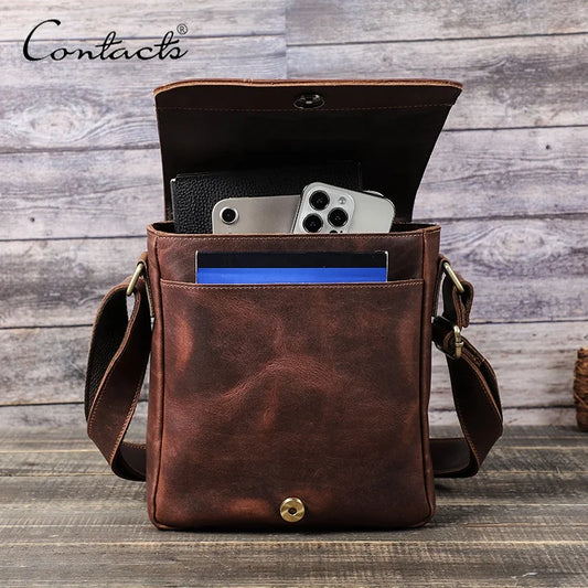CONTACT'S Vintage Genuine Leather Messenger Bag for Men Flap Design Shoulder Bag Crossbody Satchel for 7.9 Inch iPad Daily Work