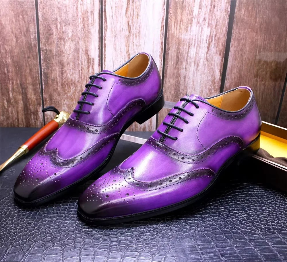 2025 NewLuxury Genuine Leather Shoes for Men British Style Business Oxford Shoes Men Purple Carving Brogues Dress Shoes for Men