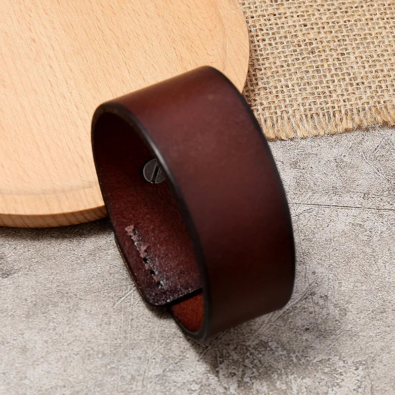 ZORCVENS Vintage Irregular Genuine Leather Bracelet - Unisex Wide Brown Cuff Wrap Punk Wristband