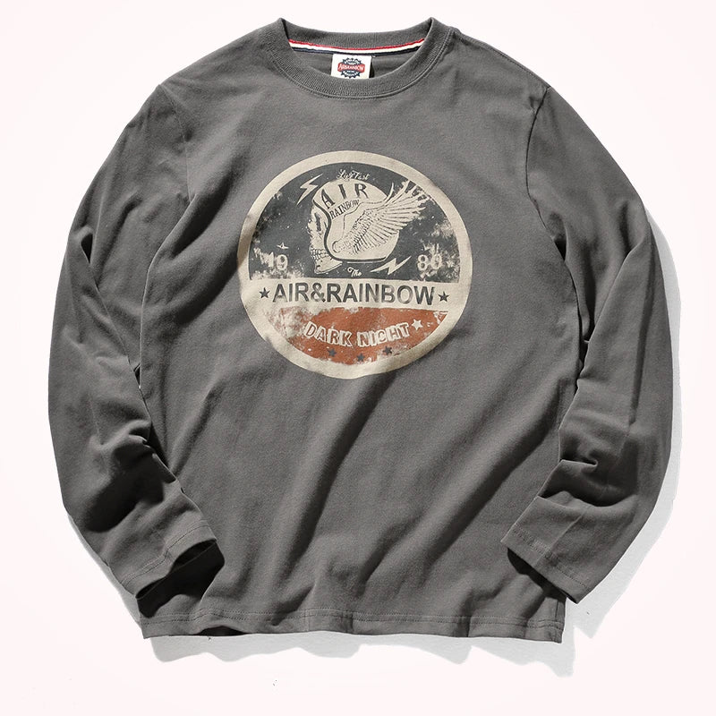 Men's Long Sleeve T-Shirt Spring and Autumn Pure Cotton Washed Distressed Brushed Trendy Tops
