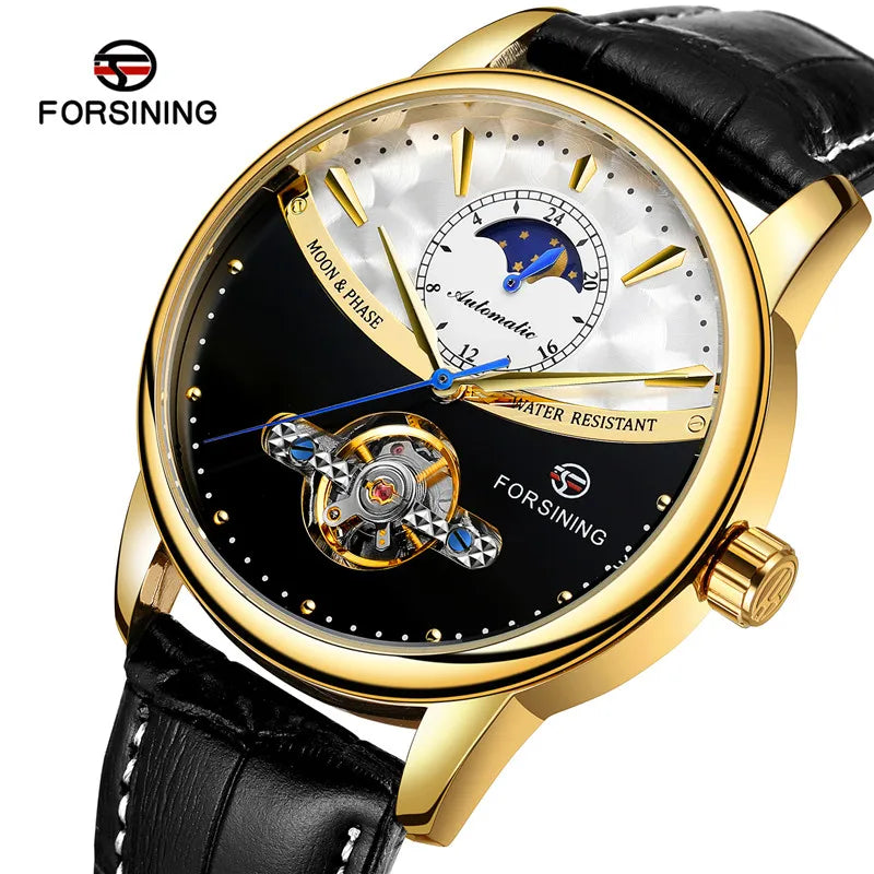 Forsining 8179 Classic Blue Moon Phase Mechanical Watches Automatic Tourbillon Men's Genuine Leather Watch Relogio Masculino