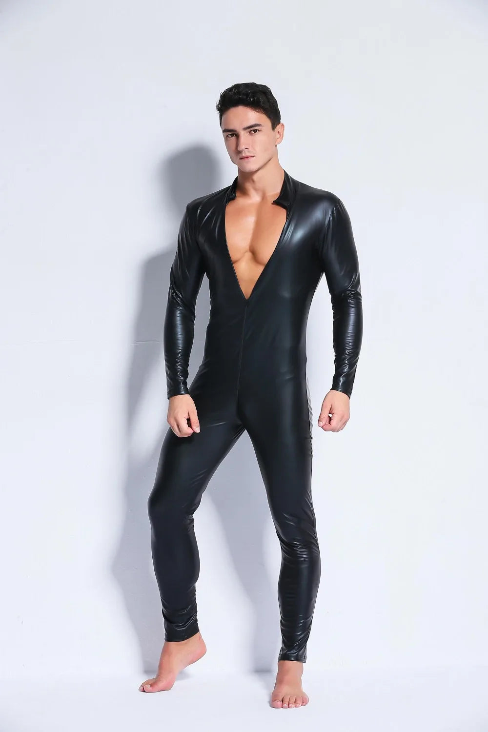 Men's Faux Leather Bodysuit - Long Sleeve Spandex Catsuit