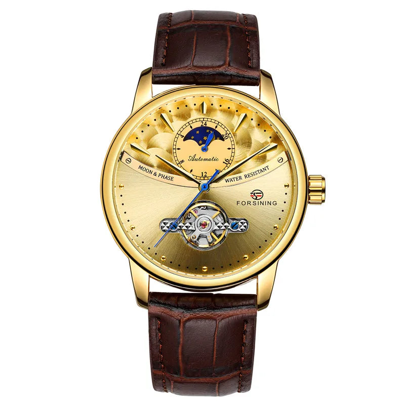 Forsining 8179 Classic Blue Moon Phase Mechanical Watches Automatic Tourbillon Men's Genuine Leather Watch Relogio Masculino