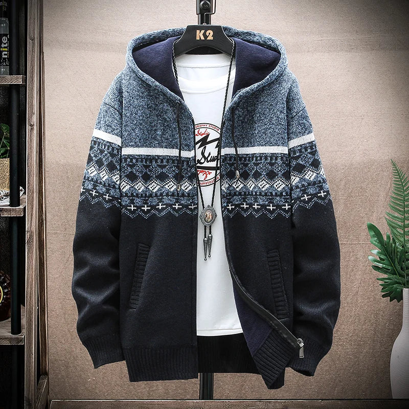 Men's Plaid Hooded Cardigan Sweater Jacket