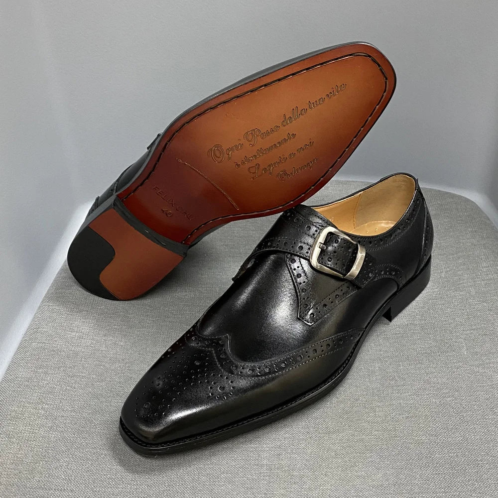 High Quality Handmade Monk Strap Genuine Leather Shoes for Men Block Carved Cowhide Men Dress Shoes Loafer Men Formal Shoes
