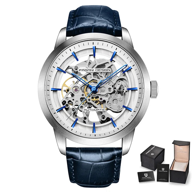 Pagani Design 1638 Mens Mechanical Watch Genuine Leather Strap Waterproof Skeleton Luxury Watch Relojes Hombre