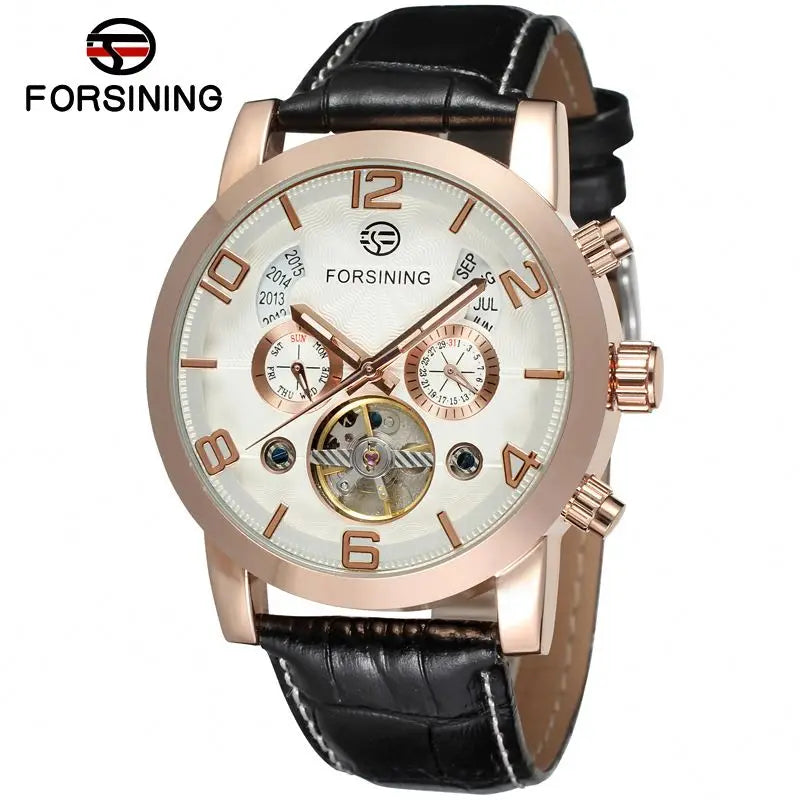 FORSINING 165 Friendship New Mens Mechanical Watch Best Genuine Leather Band Big Numbers Date Display Tourbillion Auto Watch