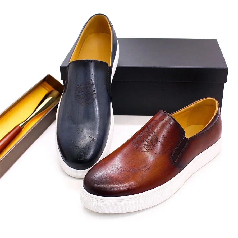2022 New Trendy Handmade Italian Men Slip on Casual Dress Shoes Genuine Leather Laser Print Pattern Flat Comfortable Shoes