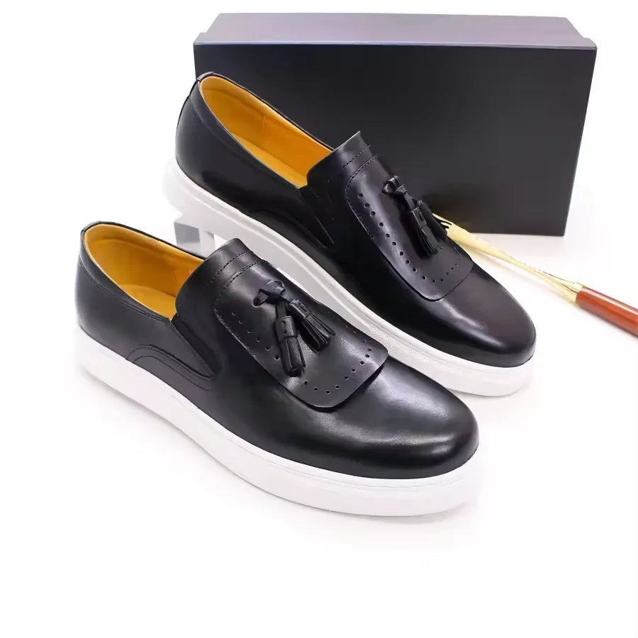 Premium Quality Handmade Skateboard Italian Style Men Sports Genuine Leather Shoes Slip on Sneakers Casual Shoes with Tassels