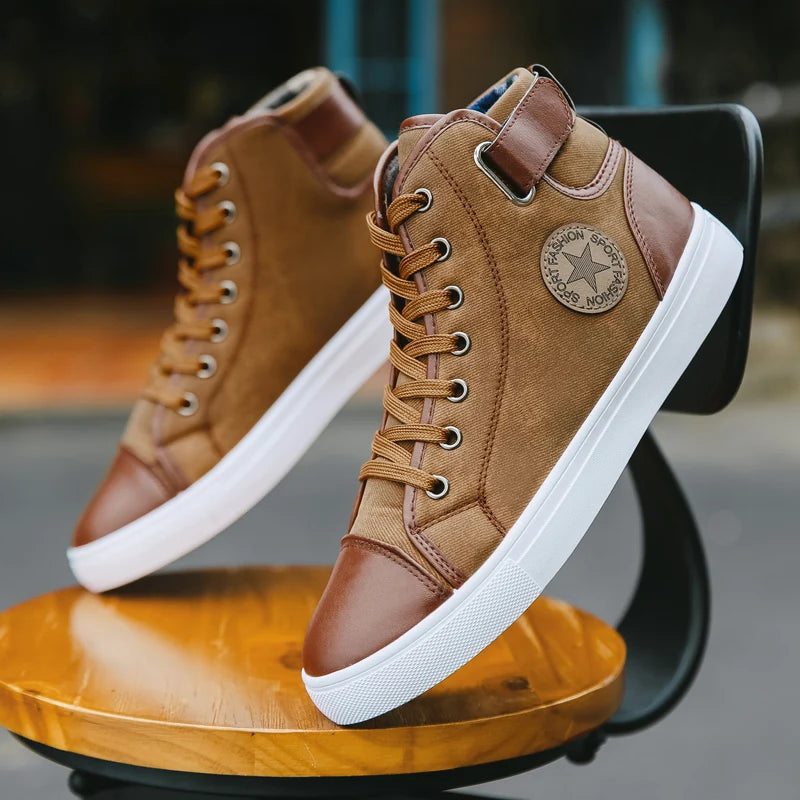 Wholesale  Fashion Trendy High Top Casual Sport Shoes Leather Boots Comfort Breathable Men's Canvas Sneakers