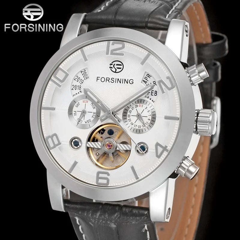 FORSINING 165 Friendship New Mens Mechanical Watch Best Genuine Leather Band Big Numbers Date Display Tourbillion Auto Watch