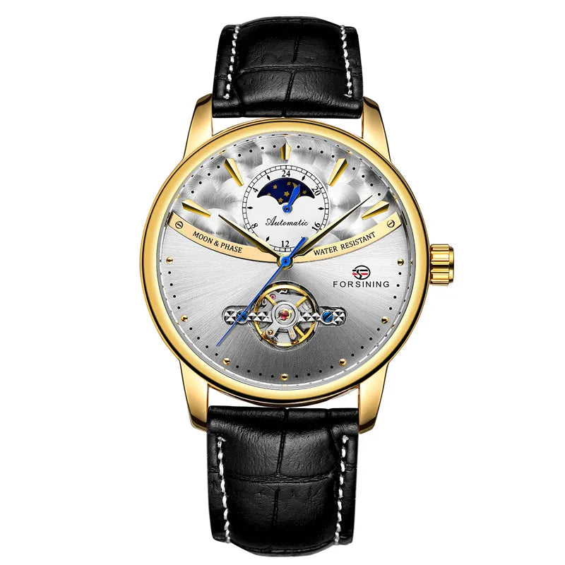 Forsining 8179 Classic Blue Moon Phase Mechanical Watches Automatic Tourbillon Men's Genuine Leather Watch Relogio Masculino