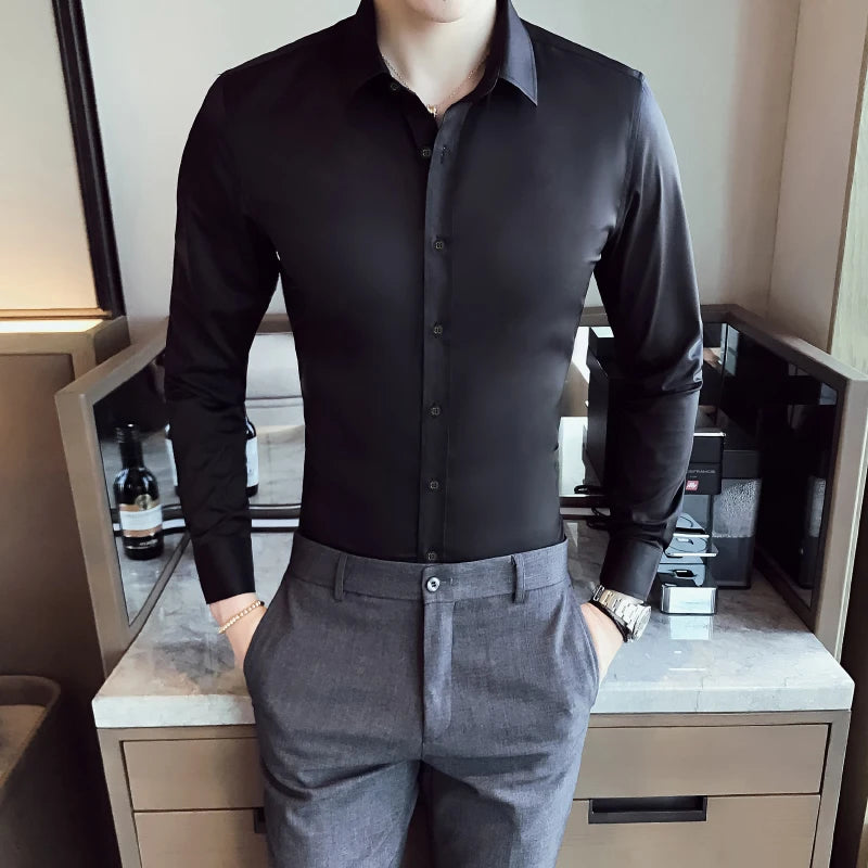 2026 New Men's Formal Dress Shirt,White Black Blue Long Sleeve Shirts, Business Slim Fit Camisa Male Chemise Red Purple